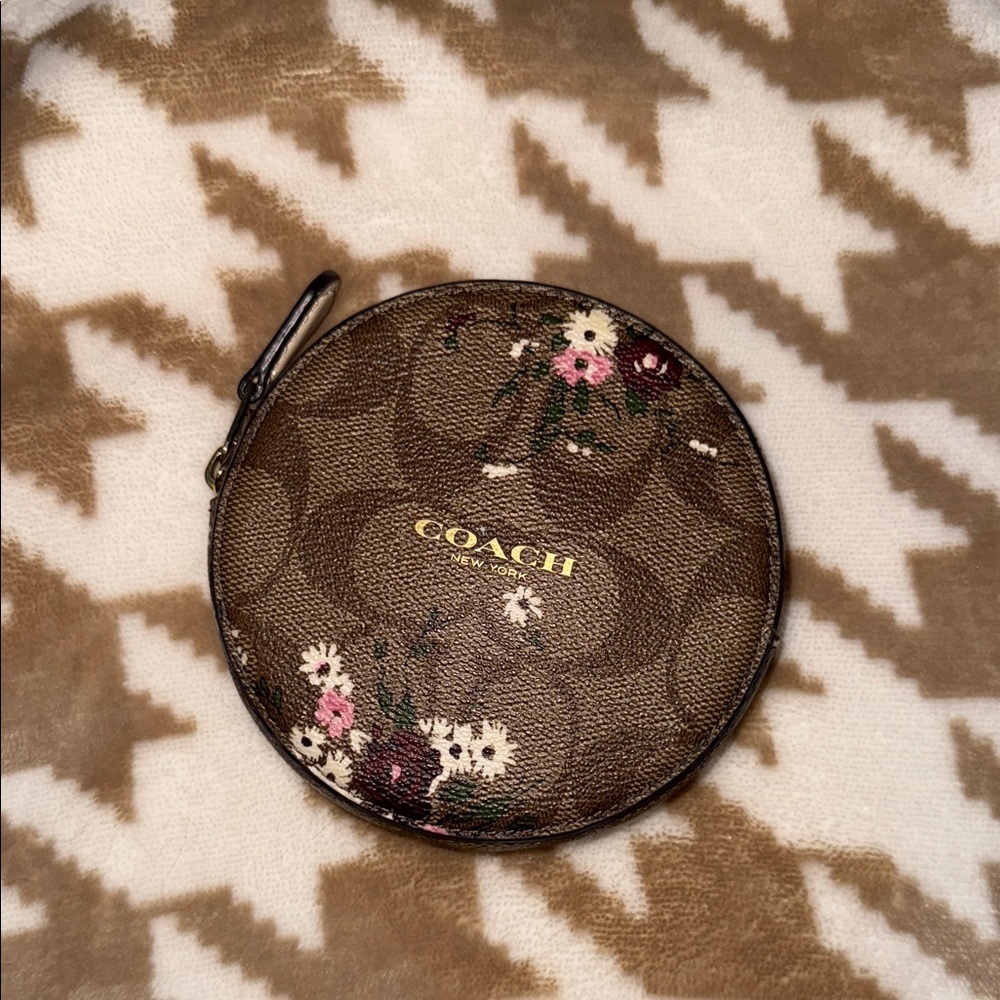 Coach Tan and Pink Floral Round Pouch